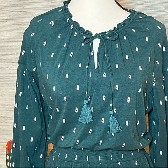 Garnet Hill Ruffled Split Neck Dress Size Small Long Sleeve Green Silver Cotton - Picture 3 of 8